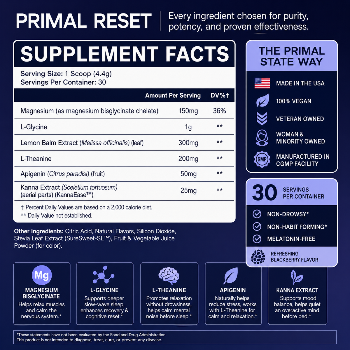 Primal Reset Melatonin-Free with Magnesium Bisglycinate | 30 Servings Per Pack